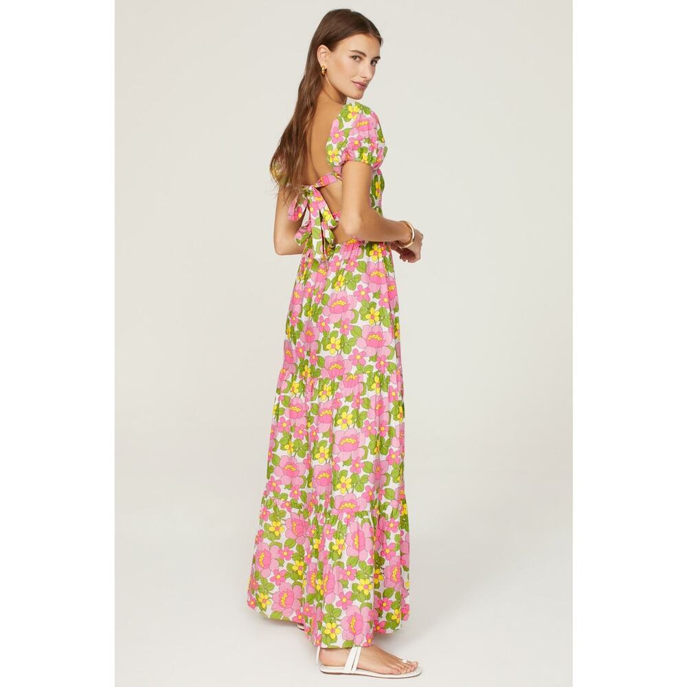 Show Me Your MuMu Cathy Pink Retro Floral Sweetheart Tie Back Puff Maxi Dress M - Picture 2 of 16